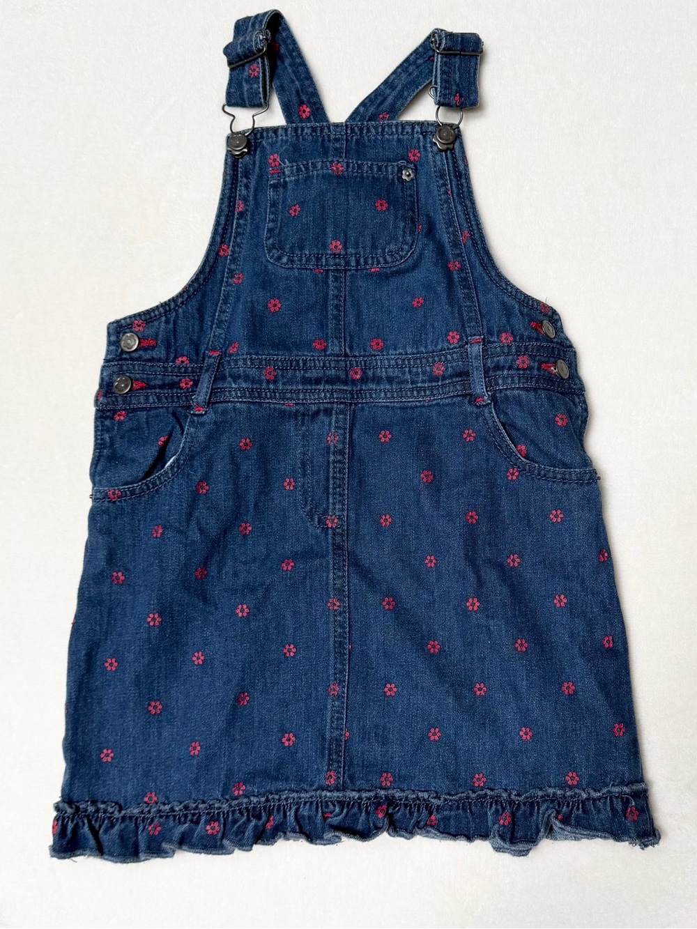 Bopster & Mimi Girls' Size 7 Denim Overall Dress with Red Floral Detail
